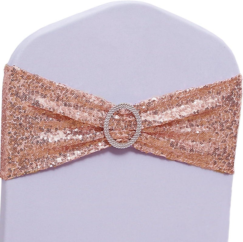 SINSSOWL Pack of 50 Spandex Sequins Rose Gold Chair Sashes for Wedding Party Rose Gold Chair Bands Bows Ties - Sequin Rose Gold Chairs Sashes - Image 1